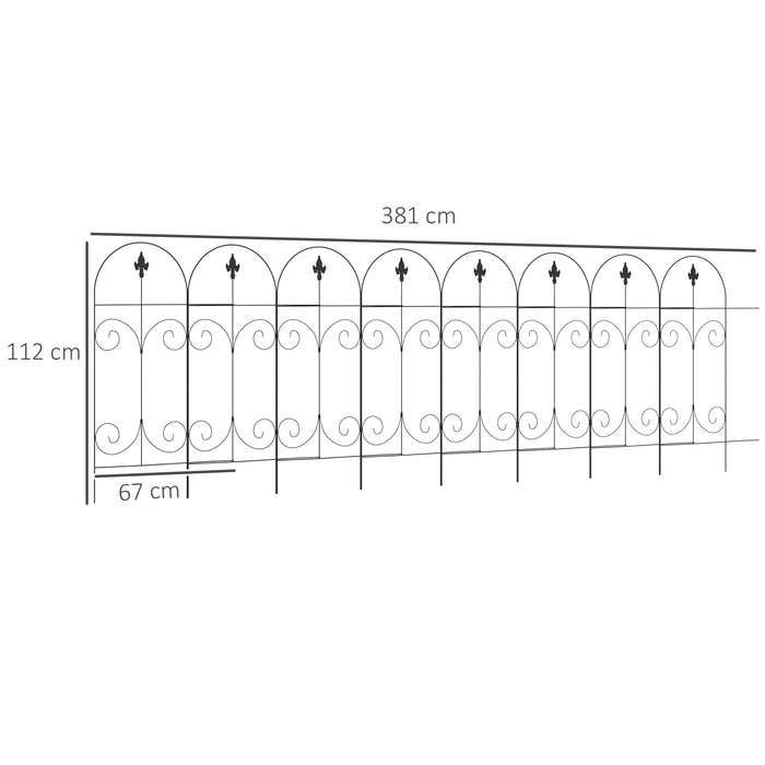 44in x 12.5ft Decorative Picket Fence Panels - 8PC Rustproof Black Metal Wire Outdoor Edging for Garden & Landscape Borders - Ideal for Flower Bed Beautification