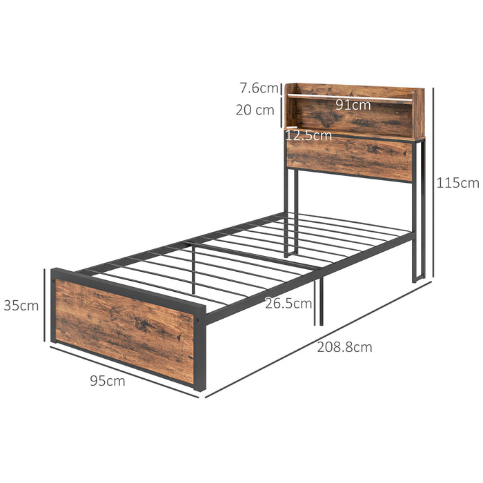 Industrial-Style Single Bed Frame - 3.1FT Steel Base with Storage Headboard and Footboard, Ample Under Bed Space - Ideal for Space-Saving & Rustic Brown Bedroom Decor