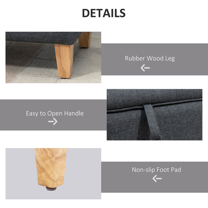 Linen Upholstered Ottoman Bench - Padded Footstool with Durable Rubberwood Legs, Dark Grey - Versatile Bedroom or Entryway Seating Solution