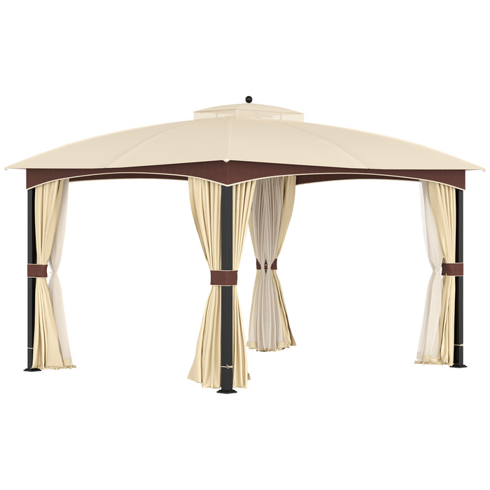 4 x 3m Patio Gazebo - Double Tier Roof Garden Canopy Shelter with Removable Netting and Curtains - Ideal for Lawn and Poolside Relaxation, Khaki Color