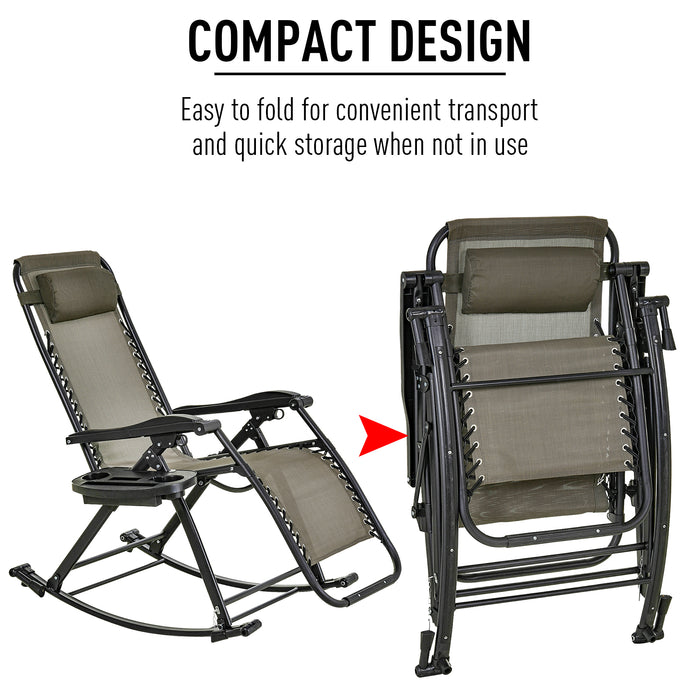 Outdoor Folding Rocking Chair - Adjustable Zero-Gravity Recliner with Headrest and Side Holder for Patio and Deck - Comfortable Sun Lounger for Garden Relaxation, Grey