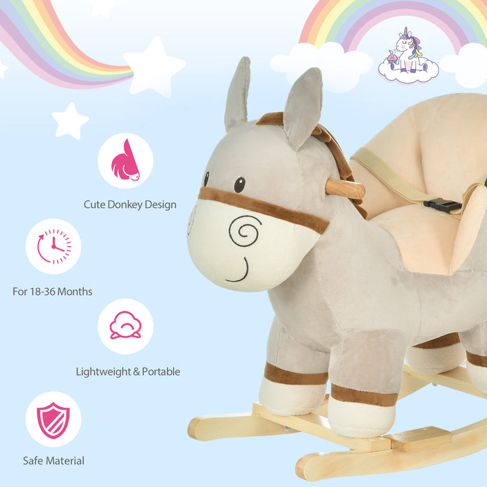 Donkey Plush Rocking Toy for Toddlers - Soft Grey Ride-On with Sound Features - Interactive Play and Motor Skills Development