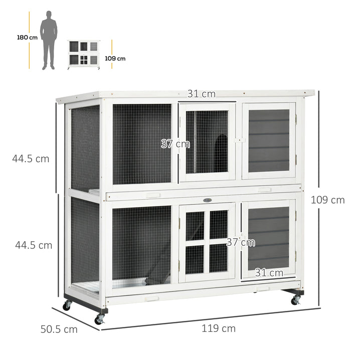 Wooden Rabbit Hutch on Wheels - Spacious Guinea Pig Cage with Slide-out Trays for Easy Cleaning - Ideal Small Animal House for Indoor & Outdoor Use, 119x50.5x109cm, Grey