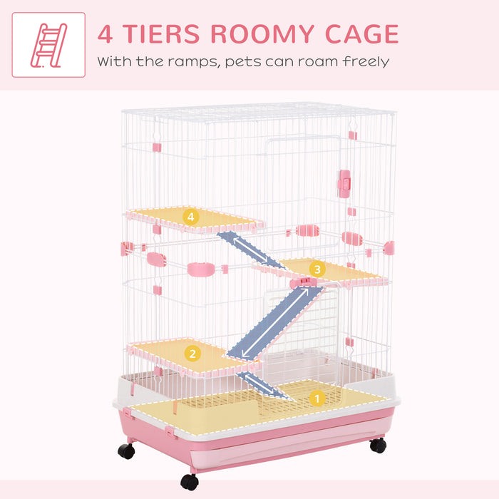 Multi-Level Small Pet Habitat with Wheels - 4-Tier Cage for Bunnies, Ferrets, Chinchillas - Easy Mobility & Cleaning with Removable Tray in Pink