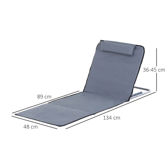 Foldable Beach Chair Mat with Head Pillow - Lightweight & Adjustable Outdoor Garden Sun Lounger, Metal Frame, Grey - Perfect for Beach and Garden Relaxation