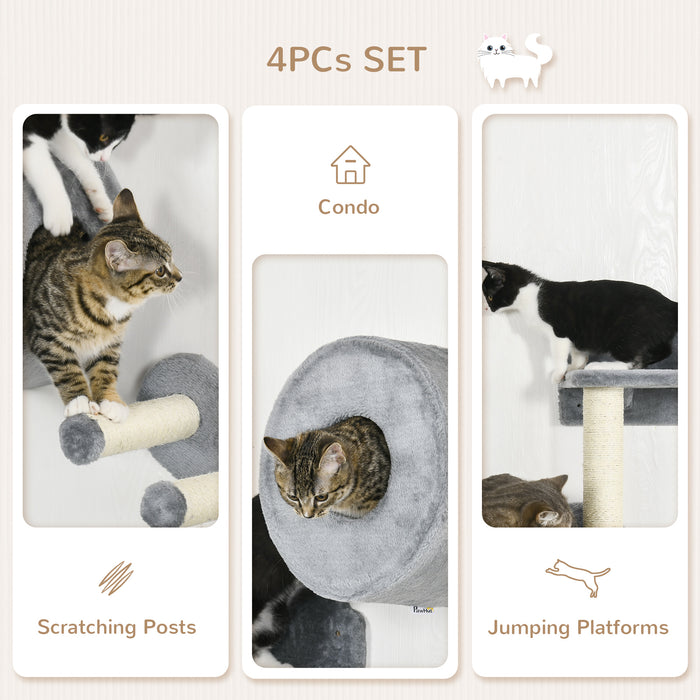 4PCs Modular Cat Wall Tree - Wall-Mountable Platforms, Steps, Scratching Post, and Perch in Grey - Space-Saving Condo for Indoor Cats