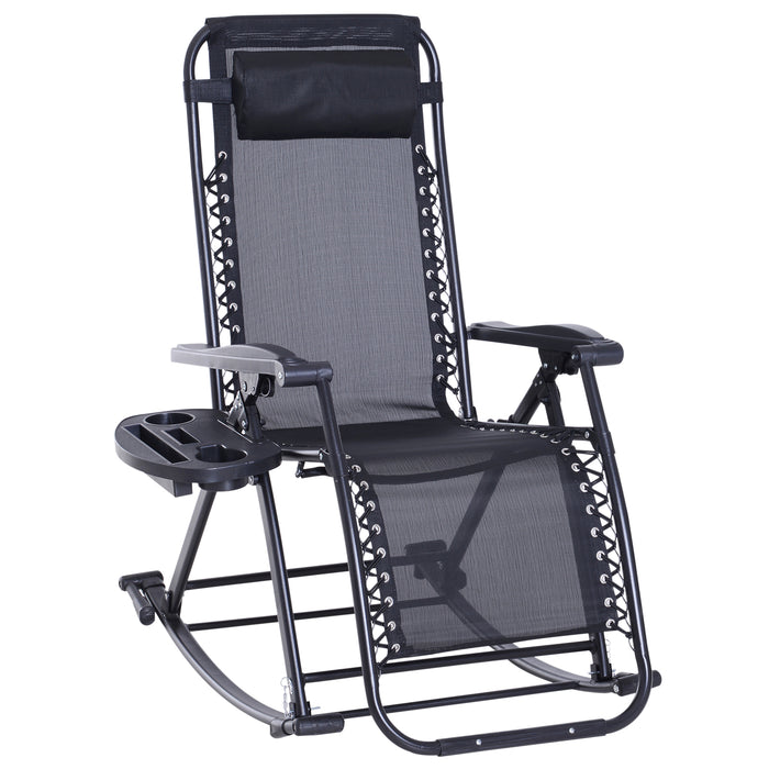 Outdoor Adjustable Sun Lounger - Garden Rocking Chair with Folding Recliner, Zero-Gravity Design, Headrest, and Side Holder - Perfect for Patio and Deck Relaxation in Black