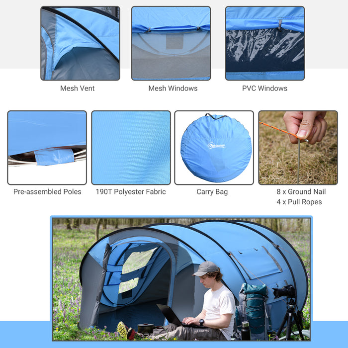 4-5 Person Instant Setup Tent - Waterproof Family Camping Shelter with Dual Mesh and PVC Windows - Includes Portable Carry Bag for Outdoor Adventures, Sky Blue