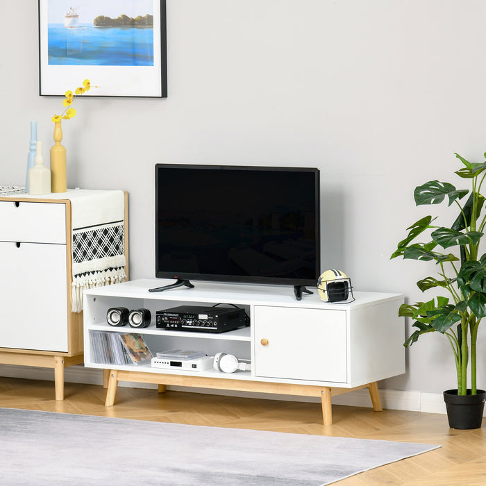 Modern White TV Stand - Accommodates up to 50'' Flat Screens, Storage Shelves & Door - Ideal Entertainment Center for Living Room or Bedroom