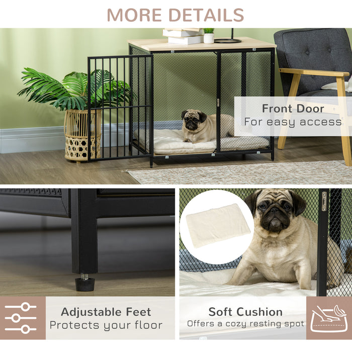 Indoor Wooden Dog Crate End Table with Cushion - Mesh Wall Pet Kennel with Sturdy Top - Stylish Furniture for Small to Medium Dogs