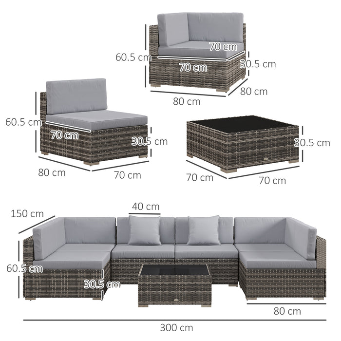 7-Piece PE Rattan Outdoor Lounge Set - Thick Padded Cushions, Glass Coffee Table, Patio Sofa Arrangement with Pillows, Mixed Grey - Ideal for Garden Entertaining and Relaxation