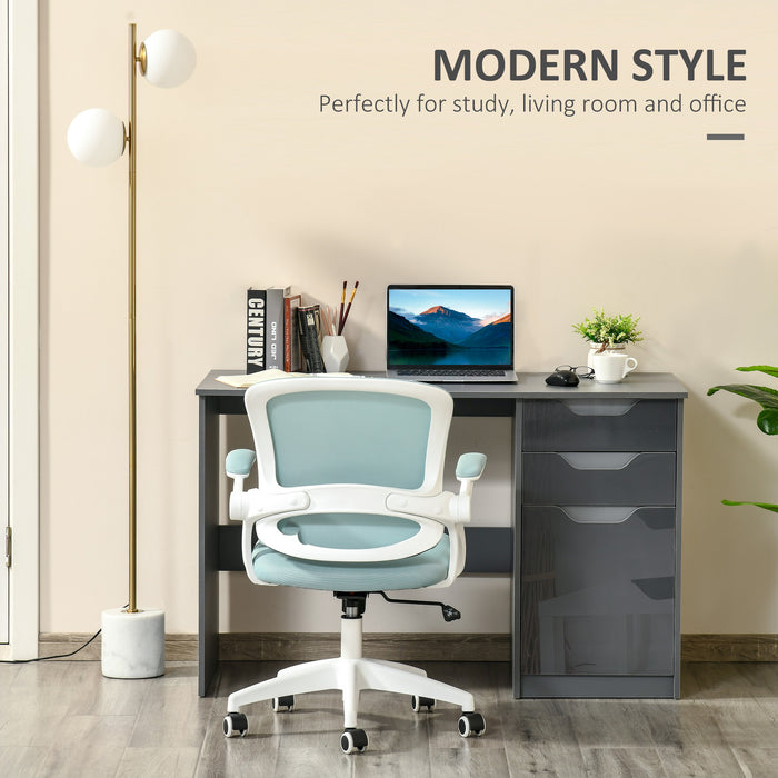 Modern High Gloss Grey Computer Desk - Writing Workstation with Drawers and Storage Cabinet - Ideal for Home or Office Study Area