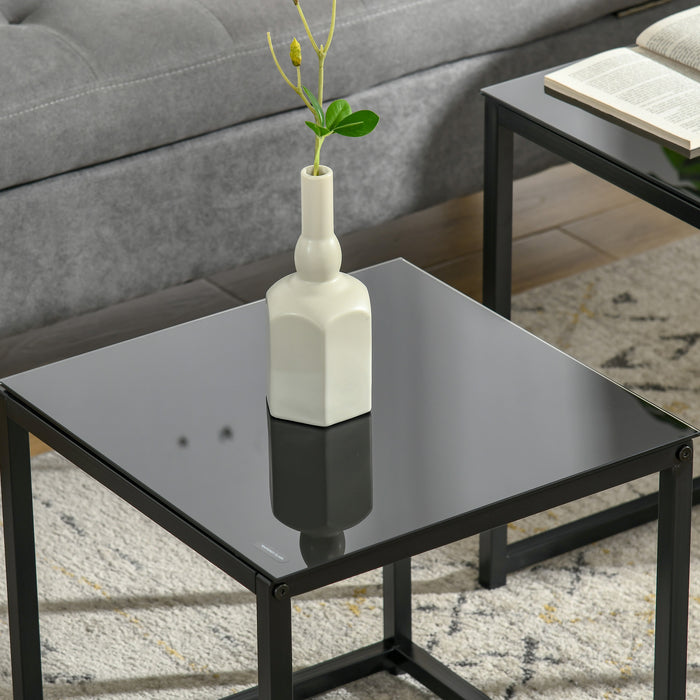 Modern Nesting Side Table Duo - Tempered Glass Top with Sleek Black Frame - Versatile Accent Tables for Living Room, Bedroom, or Office