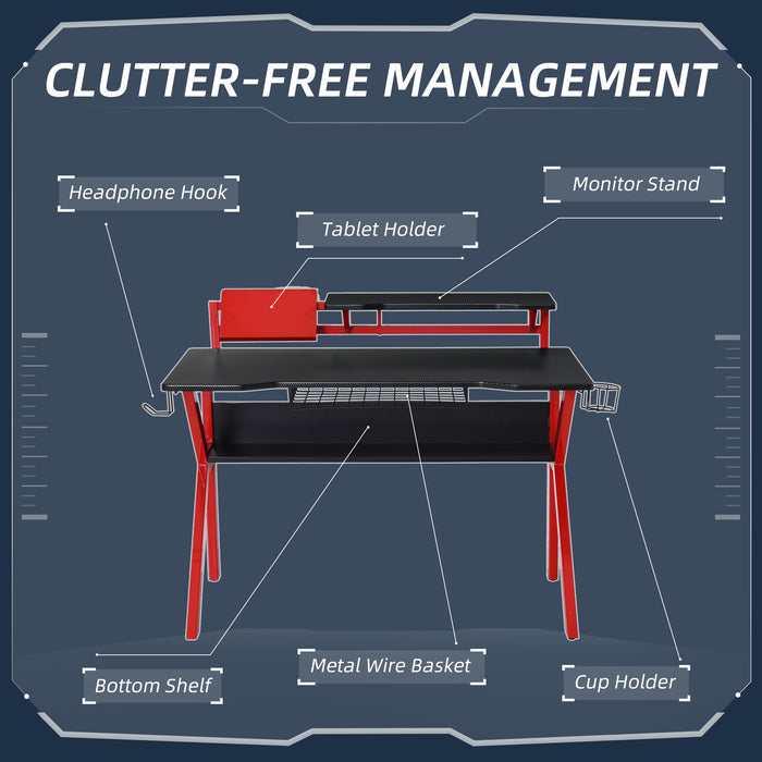 Sturdy Gaming Desk with Metal Frame - Ergonomic Computer Table with Cup Holder, Headphone Hook & Cable Basket - Ideal for Gamers and Home Office Use