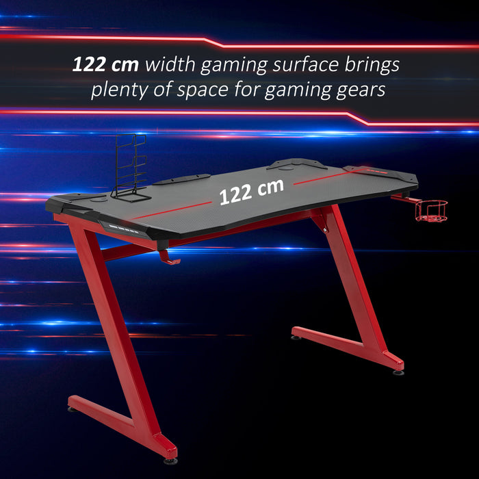 Ergonomic Gaming Desk with Headphone Hook & Cup Holder - Sturdy Home Office Workstation in Black and Red - Perfect for Gamers and Remote Workers, 122x66x86 cm