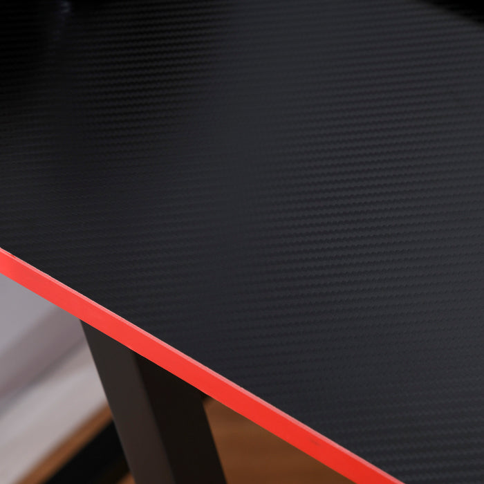 Ergonomic L-Shaped Gaming Desk - Elevated Monitor Shelf, Corner Computer Workstation in Black and Red - Ideal for Gamers and Home Office Setup