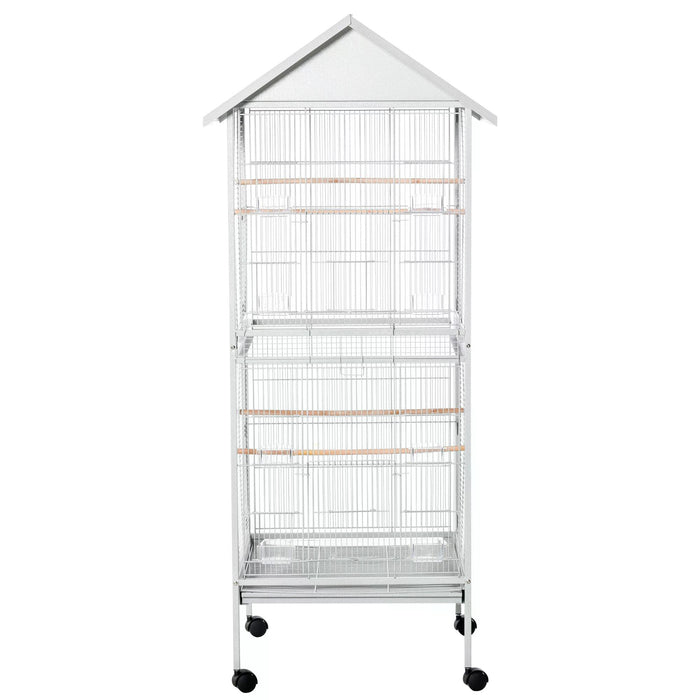 170cm Tall White Metal Bird Cage - Parrot Home with Mobile Feeder, Perches, Food Containers, Rolling Stand & Wheels - Ideal for Avian Enthusiasts & Pet Safety