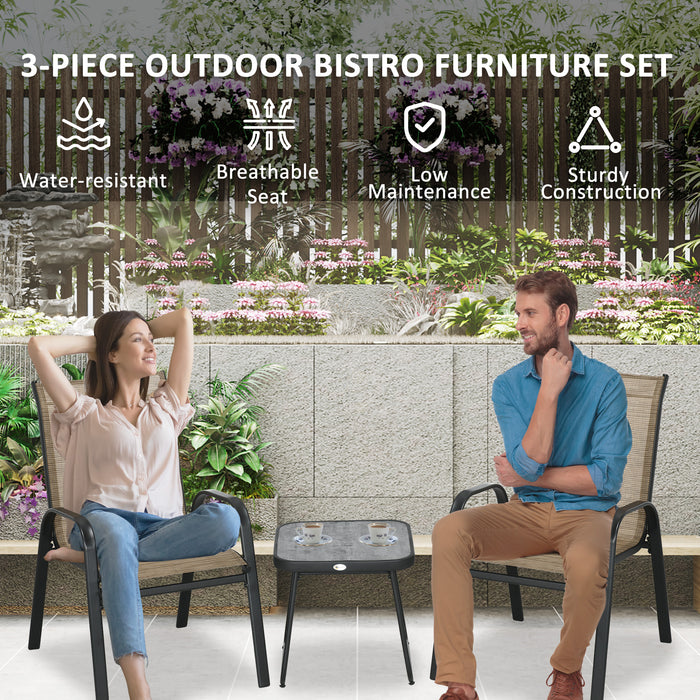 Outdoor Bistro Set of 3 - Stackable Patio Armchairs with Breathable Mesh & PSC Board Coffee Table, Brown - Ideal for Patio, Garden & Relaxation