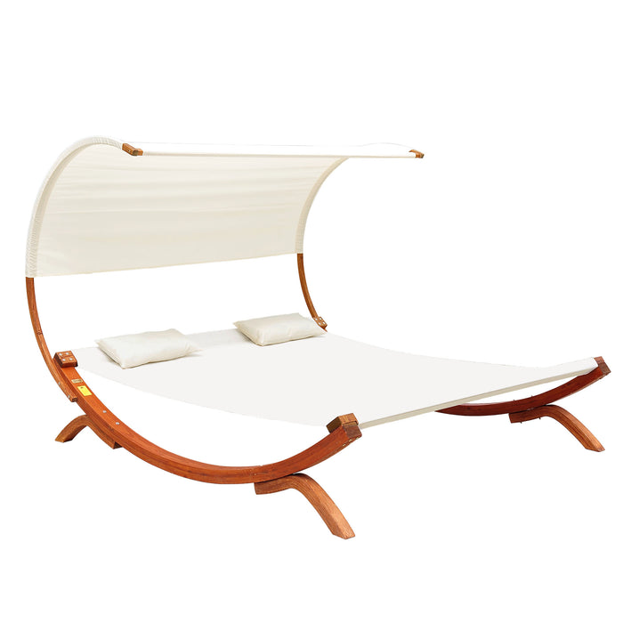 Wooden Double Sun Lounger with Canopy - Hammock Chaise Day Bed, Cream Finish - Ideal for Patio Relaxation and Outdoor Comfort