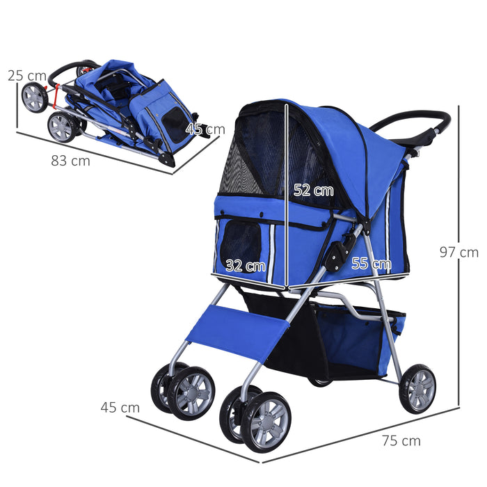 Foldable Dog and Cat Stroller with Zipper Entry - Portable Pet Carriage for Small Miniature Animals, Smooth Wheels, Storage Basket - Ideal for Travel and Outdoor Use with Convenient Cup Holder