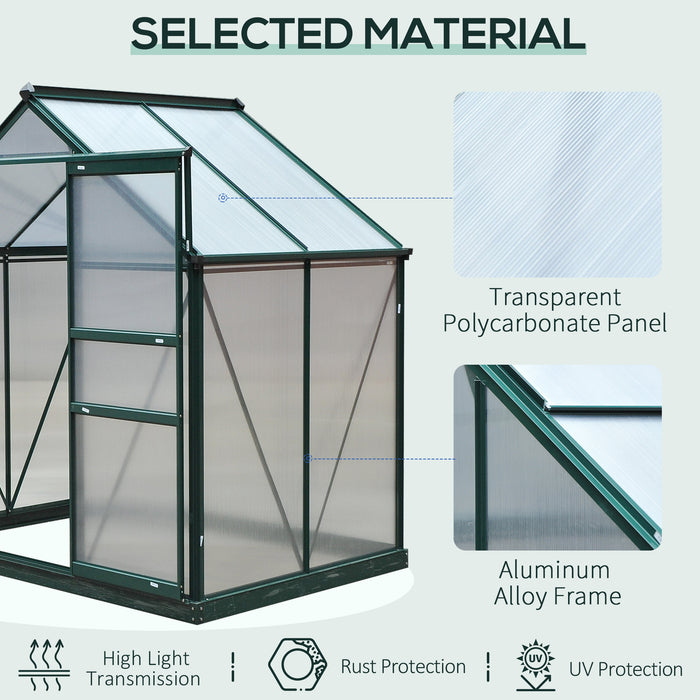 Large Walk-In Polycarbonate Greenhouse - Sturdy Aluminum Frame with Galvanized Base, 6x4 ft, Sliding Door - Ideal for Year-Round Gardening and Plant Growth