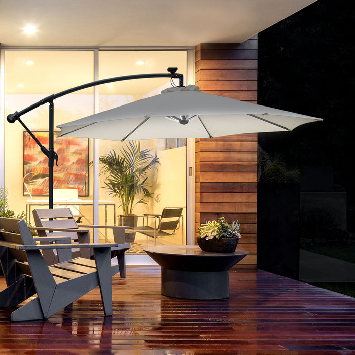 3M LED Cantilever Banana Parasol - Solar Powered Hanging Umbrella with Crank Handle, Off-White Canopy - Ideal for Outdoor Relaxation and Patio Sun Protection