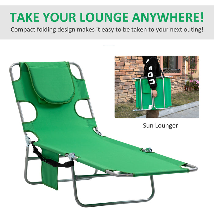 Portable Beach Chaise Lounge with Face Hole & Arm Rests - Reclining Sun Chair with Face Cavity for Patio, Garden, Poolside Comfort - Ideal for Sunbathing and Relaxation, Green