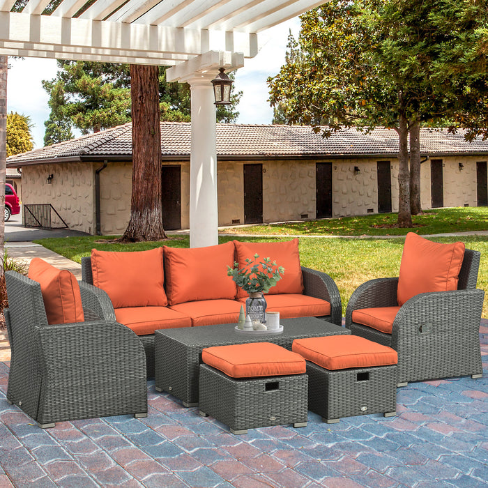 6-Piece Rattan Wicker Patio Ensemble - 3-Seat Sofa, Single Chairs, Footstools & Coffee Table Combo - Perfect for Garden, Deck, and Poolside Lounging