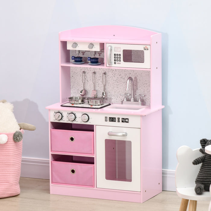 Interactive Wooden Play Kitchen Set with Functional Lights & Sounds - Includes Coffee Maker, Microwave, Sink, Utensils & Storage Bins - Perfect for Children's Imaginative Pretend Play in Pink