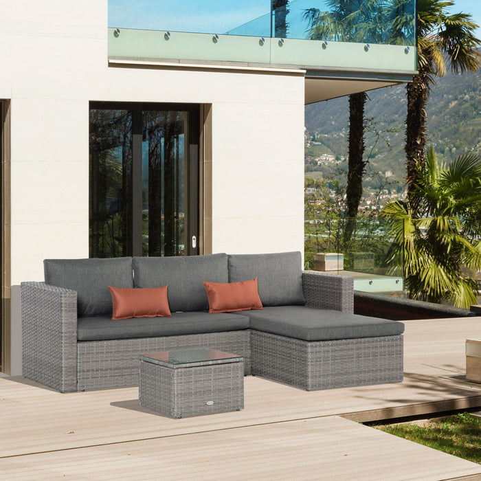 3-Piece PE Rattan Sofa Set - Outdoor Patio Corner Wicker Conversation Chaise Lounge with Tempered Glass Tabletop & Grey Cushions - Ideal for Garden Deck Entertainment