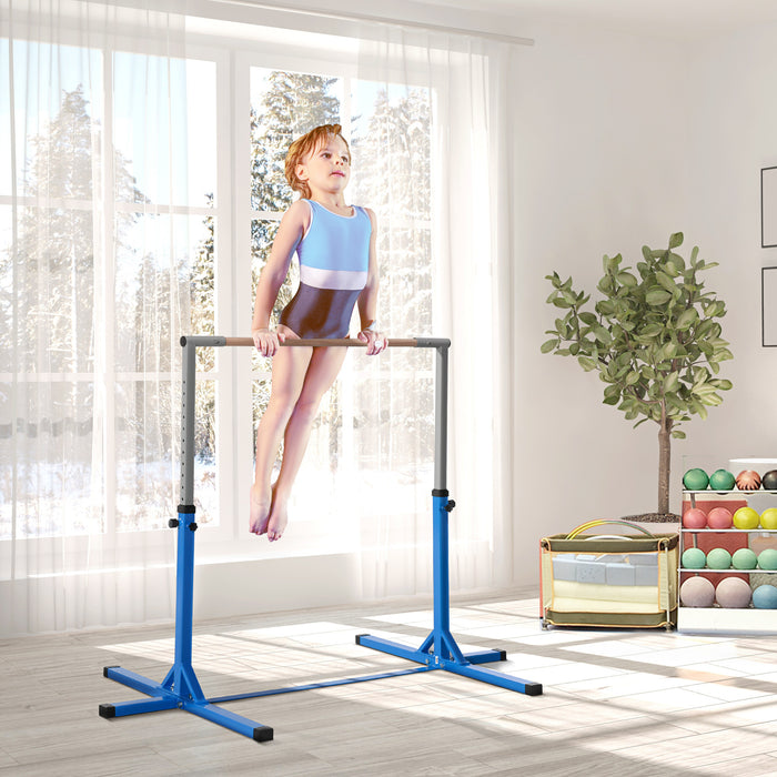 Kids' Gymnastics Training Bar - Height Adjustable, Steel Frame with Wooden Bar, Blue - Perfect Home Gym for Junior Gymnasts