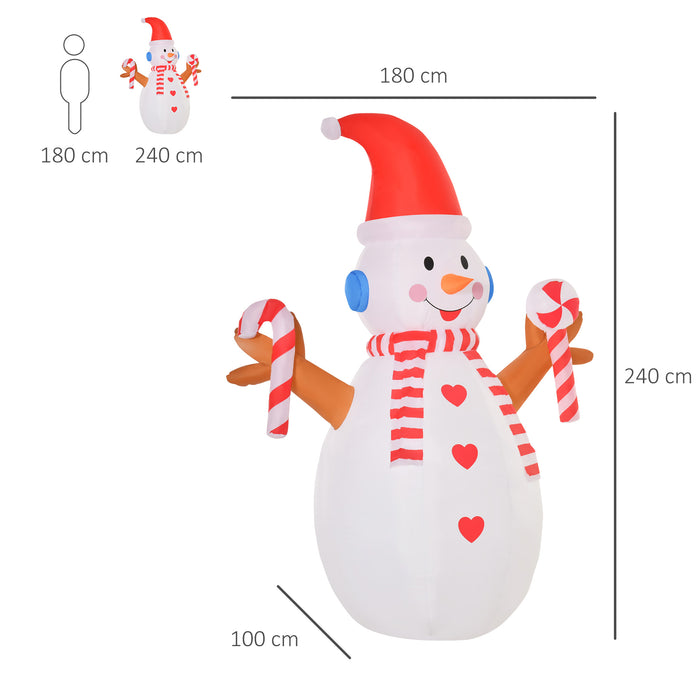 Inflatable Snowman with Candy Cane - 2.4m Tall, Rotating LED Light for Festive Display - Ideal for Garden, Lawn, & Indoor Holiday Decor