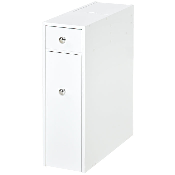 White Slimline Bathroom Storage Cabinet - Space-Saving Bath Organizer with Drawers - Ideal for Toiletries and Linen Management