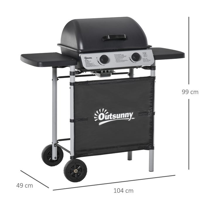 Propane Gas BBQ Grill with 2 Burners - 5.6 kW Outdoor Barbecue with Side Shelves and Wheels - Ideal for Patio Cooking and Tailgating Events