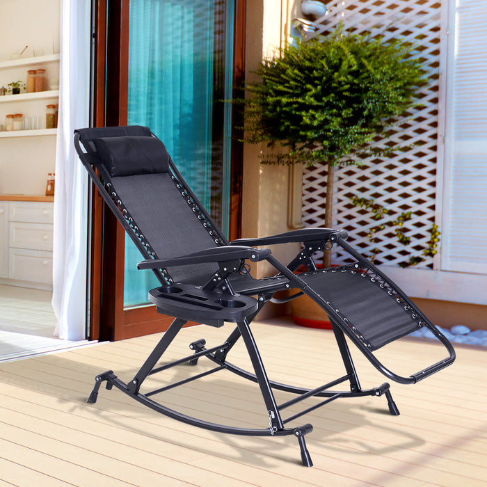 Outdoor Adjustable Sun Lounger - Garden Rocking Chair with Folding Recliner, Zero-Gravity Design, Headrest, and Side Holder - Perfect for Patio and Deck Relaxation in Black