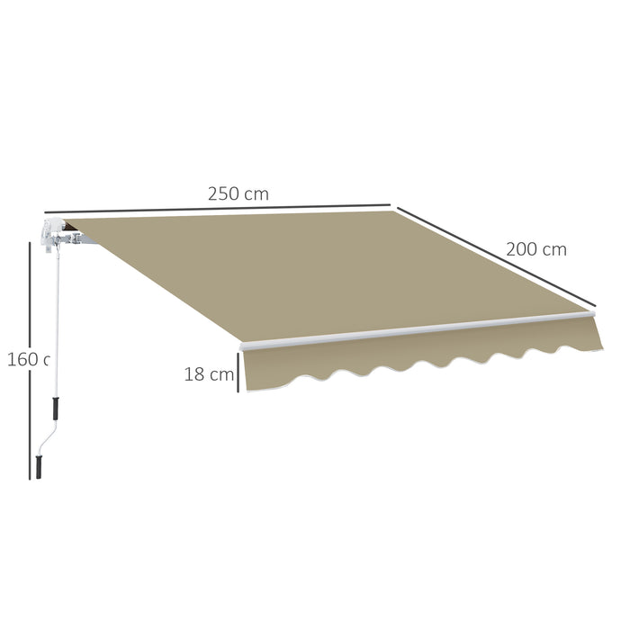 Manual Retractable Awning 2.5x2m - Beige Shade Cover with White Frame - Ideal Sun Protection for Patio & Decking Areas