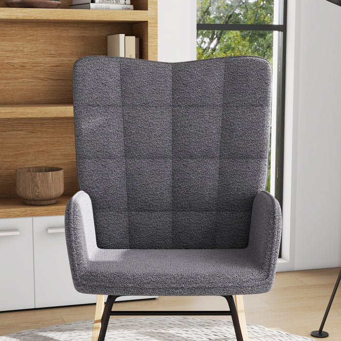 Nursing Rocking Chair with Berber Fleece - Comfortable Wingback Glider for Nursery & Living Room - Soothing Rocker for New Parents, Dark Grey