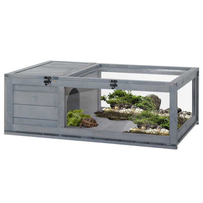 Small Pet Reptile Wooden Habitat - Tortoise House with Mesh Roof and Pull-out Side Panel - Ideal for Indoor and Outdoor Use, Grey