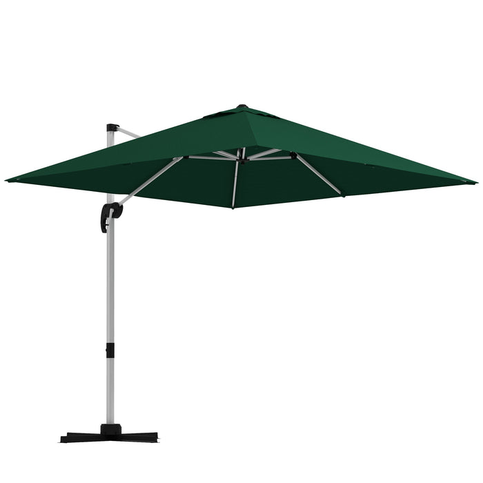 Cantilever Parasol 3x3m with Cross Base - Green Square Umbrella with Crank Handle, Tilt, and 360° Rotation - Durable Aluminium Frame for Outdoor Shade and Comfort