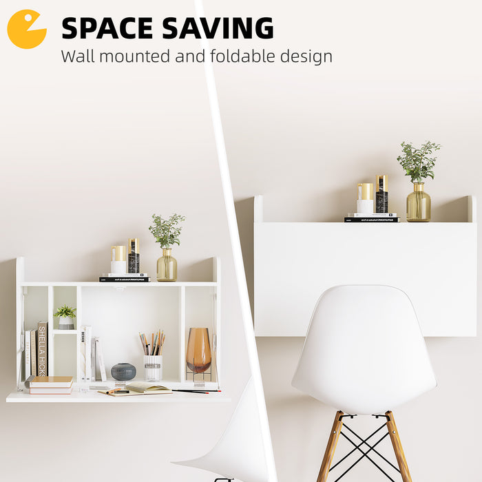 Space-Saving Wall Mounted Desk - Drop Leaf Floating Laptop Table with Storage Compartments, White - Ideal for Home Office and Study Organization