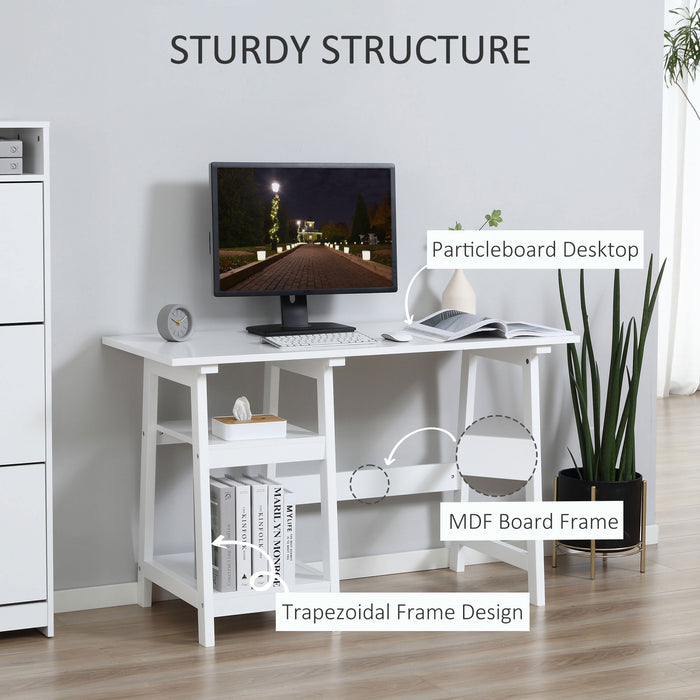 Compact White Computer Desk - Space-Saving Study Table with Storage Shelves and Bookshelf - Ideal PC Workstation for Home Office and Studying