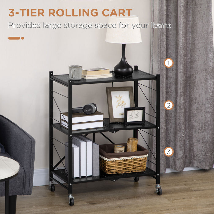 Foldable 3-Tier Rolling Storage Cart - Versatile Organizer Trolley for Kitchen, Living Room, Bathroom - Space-Saving Design, Easy Mobility