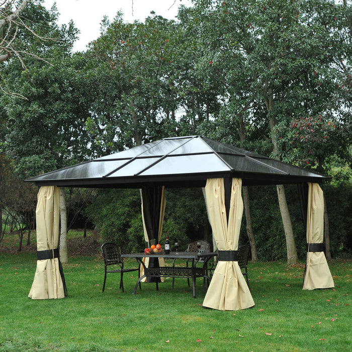 Hardtop Gazebo Canopy 4 x 3.6m - Polycarbonate Roof, Aluminium Frame, Garden Pavilion - Includes Mosquito Netting and Curtains for Outdoor Entertaining