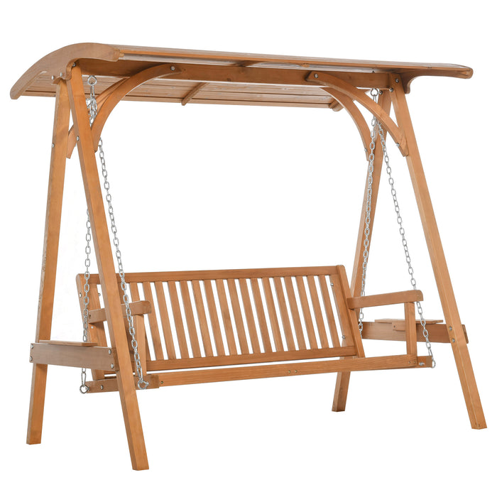 Wooden 3-Seater Garden Swing Chair with Canopy - Durable Larch Wood Outdoor Hammock Bench in Teak Finish - Relaxing Patio Lounger for Backyard & Garden Comfort