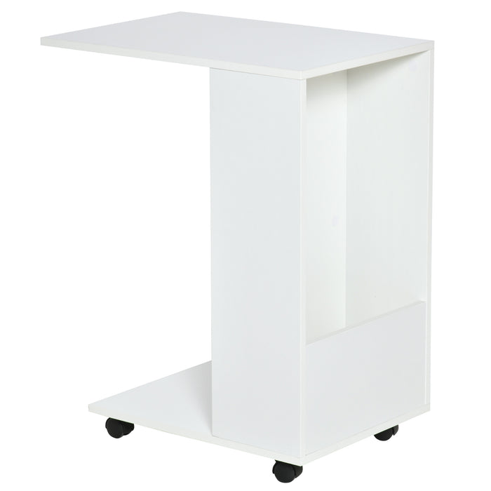 C-Shape Sofa Side Table with Storage - Mobile End Table on Casters for Laptop and Snacks, White - Ideal for Small Spaces and Convenient Living Room Access