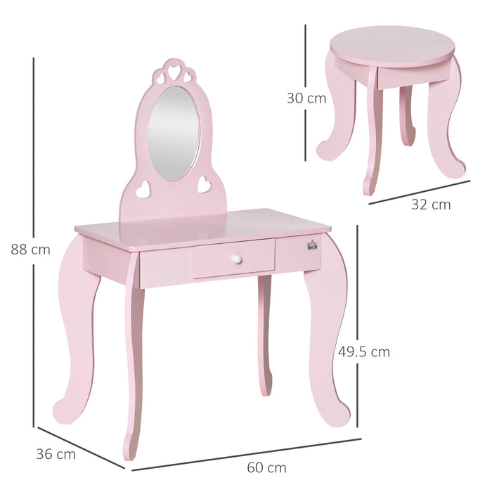 Kids Vanity Set with Stool - Girls Pink Dressing Table, Makeup Desk with Chair and Mirror - Play Dresser for Children's Imaginative Play