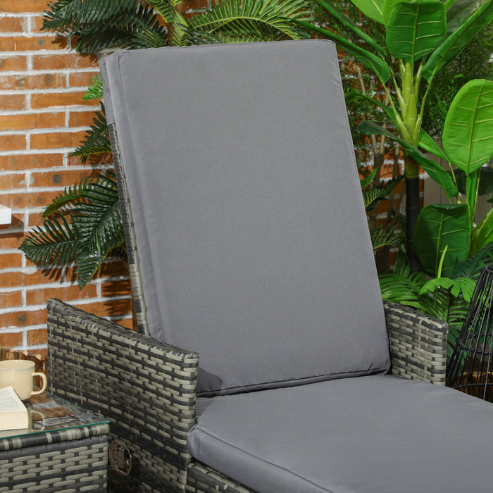 Rattan Sun Lounger Set with Adjustable Backrest - Patio Chaise Lounge Chair & Glass Top Table with Soft Grey Cushions - Ideal for Deck, Poolside Relaxation