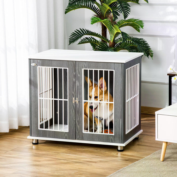 Elegant Wooden Dog Crate Kennel - Lockable Door, Adjustable Foot Pads, Modern Grey & White Design - Stylish Pet Enclosure for Home Safety and Comfort