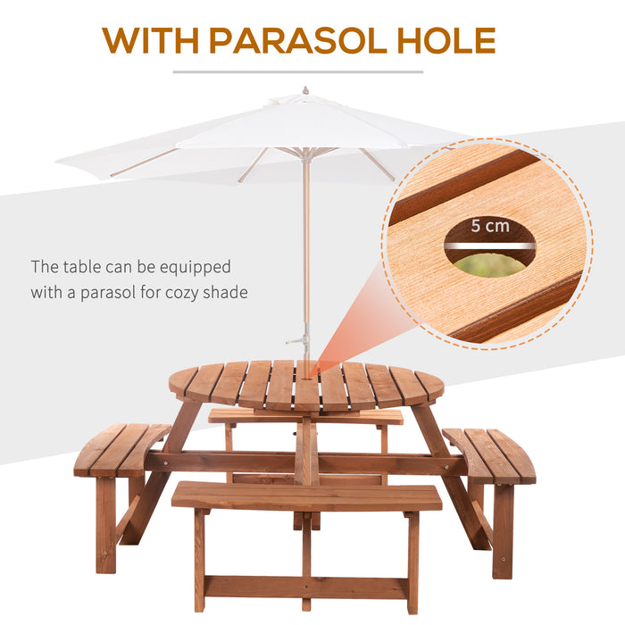 8-Seater Circular Wooden Picnic Bench - Outdoor Garden Patio Pub-Style Table Furniture Set - Ideal for Family Gatherings and Social Events