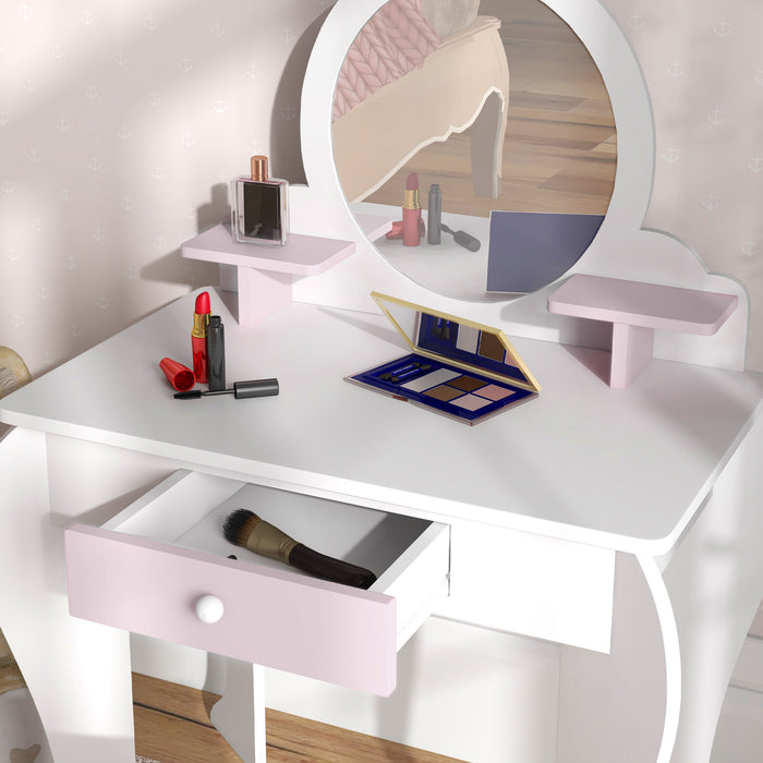 Bunny-Design Children's Vanity Set - Play Dressing Table with Mirror and Matching Stool, White and Pink - Perfect for Creative Play and Dress-Up Fun